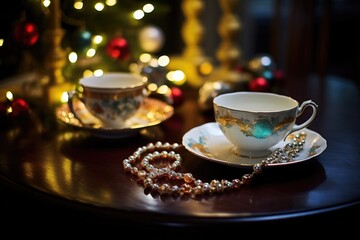 Fototapeta premium Christmas Tea Party: Jewelry on a table with a festive tea set.