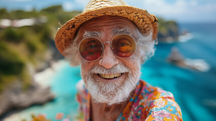 Portrait of senior man with hat and sunglasses on the beach. Happy retirement concept