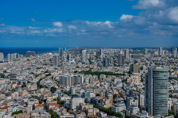 Fototapeta na wymiar Tel Aviv old buildings, waterfront hotels and Mediterranean Sea.