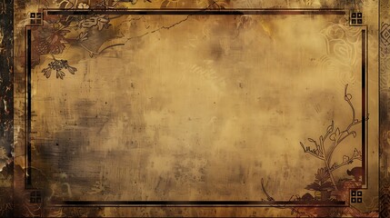 a digital presentation layout showcasing a subtle gold rectangle frame with an oriental-inspired...