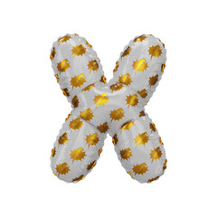 3D inflated balloon letter X with gold power lightning comic hero pattern white glossy surface