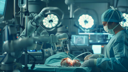 illustration A state-of-the-art surgical robot performing a delicate heart surgery with multiple articulated arms equipped with precision instruments. The operating room is ultra modern.