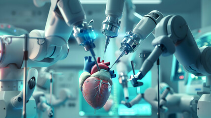 illustration A state-of-the-art surgical robot performing a delicate heart surgery with multiple articulated arms equipped with precision instruments. The operating room is ultra modern. - obrazy, fototapety, plakaty