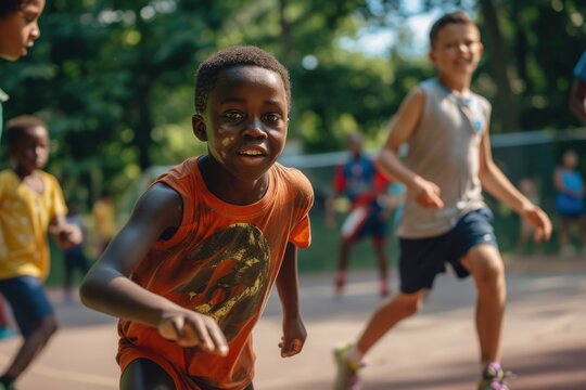 children playing soccer at a summer camp. generative ai