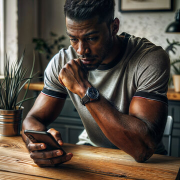 a man sitting at a table looking at his cell phone, a stock photo by Chinwe Chukwuogo-Roy, trending on shutterstock, black arts movement, stockphoto, stock photo, quantum wavetracing