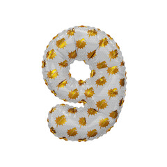 3D inflated balloon Number 9 with gold power lightning comic hero pattern white glossy surface