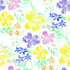 Fototapeta na wymiar Watercolor seamless pattern with spring floral bouquets. Vintage botanical illustration. Elegant decoration for any kind of a design. Fashion print with colorful abstract flowers. Watercolor texture. 