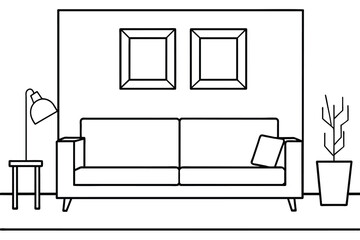 wall-modern living room with mockup frame, line art, vector illustration