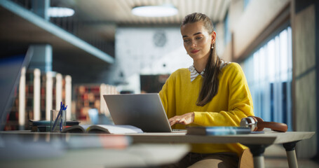 Attractive Multiethnic Student Making a Communication and Journalism Class Homework on a Computer,...