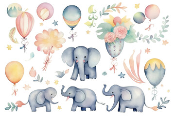 Obraz na płótnie Canvas children's Little Watercolor ribbons invitations balloons plants cards elephants isolated background set tropical Set