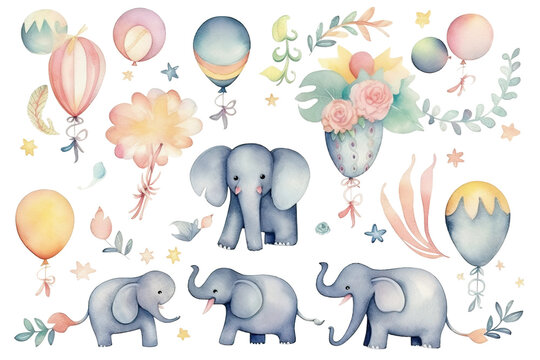 children's Little Watercolor ribbons invitations balloons plants cards elephants isolated background set tropical Set © akk png