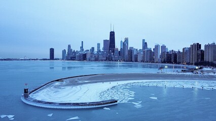 Chicago skyline during its negative-degree wind chill days.