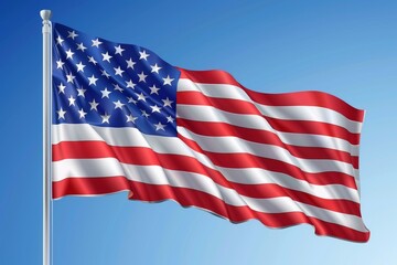 flag of America on flagpole flies in wind against the background of blue sky