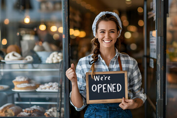 Young female baker standing in front of bakery glass door and holds sign "We're OPENED"