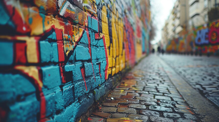 colorful graffiti on the wall of the old brick