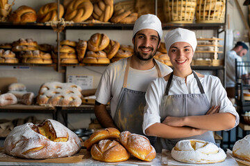 Young bakers, partners, small business owners, entrepreneurs, bakery interior in background