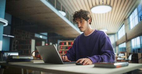 Student Studying in a Modern Library. Young Man Thinking and Problem Solving School Exercises. Male...