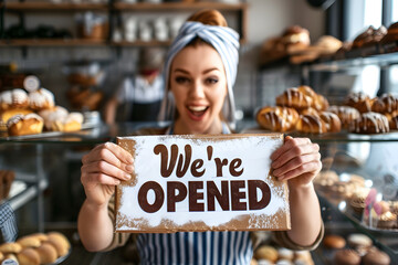 Young female baker standing in front of bakery glass door and holds sign "We're OPENED"