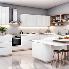 Fototapeta na wymiar Capturing the Essence of Modern UK Kitchen Design: Sleek White Cupboards, Cutting-Edge Kitchen Tools, and State-of-the-Art Cooking Equipment for Stylish Home Interiors