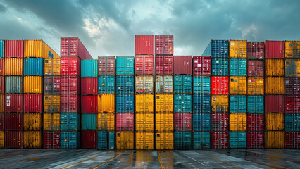 Vibrant Stacked Cargo Containers: A Colorful Scene at the Freight Sea Port Terminal