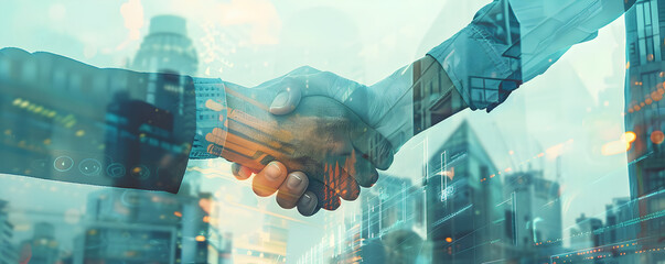 Business concept - handshake of two business people. Double exposure shot with business landscape background