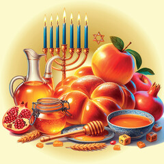stylized image with traditional Rosh Hashanah food, in warm golden colors for design