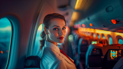 Stewardess in Uniform: Graceful Portrait Aboard the Plane