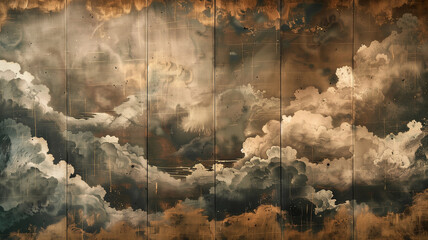 雲を描いた日本画風背景 - obrazy, fototapety, plakaty