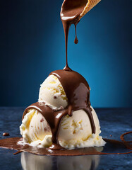Chocolate melting while poured over a vanilla ice cream scoop isolated on dark blue backgroud