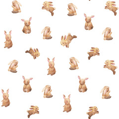 Watercolor seamless pattern with cute brown rabbits. Springtime Easter background. Woodland illustration for children clothing.