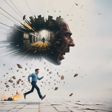 Cinematic Masterpiece: Man in Flight from the Ruins of a Shattered Mind, Embodied by a Broken Head