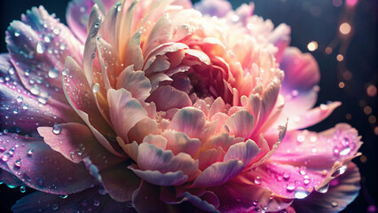 Close-Up of Dewy Pink Peonies Against a Dark Rainy Backdrop
