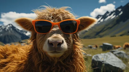 Foto op Plexiglas Happy sheep in the mountains wearing sunglasses © Neuroshock