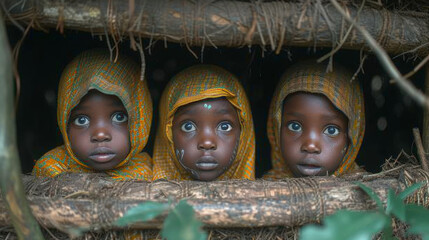 African children watch events taking place in jungle from hut window - obrazy, fototapety, plakaty