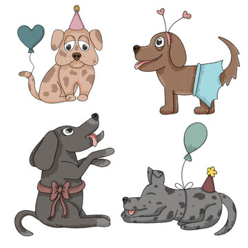 Dogs dressed up for party with balloons and party hats