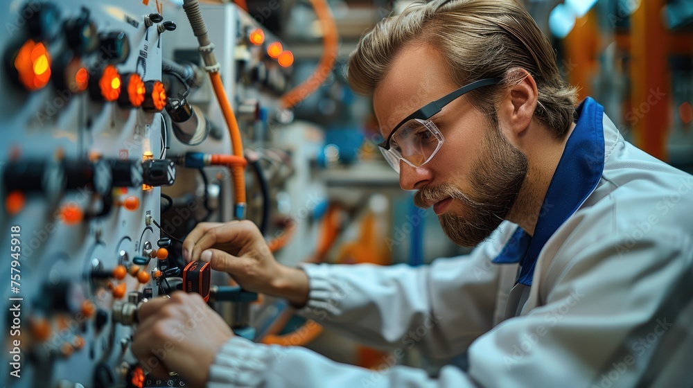 Poster Engineer adjusting controls on industrial equipment. Generative AI.