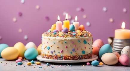 Birthday cake with candles and colorful Easter eggs on a blue background.