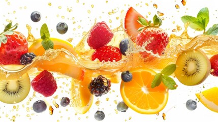 Illustration of splashing mix of fruits on white background