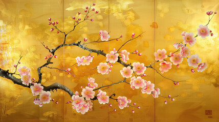 花が描かれた日本画風背景 - obrazy, fototapety, plakaty