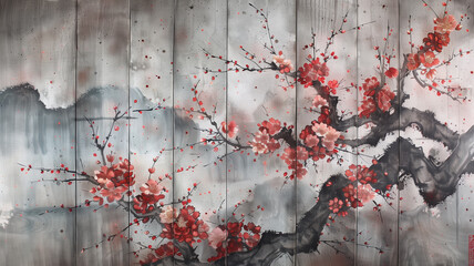 花の描かれた日本画風背景
 - obrazy, fototapety, plakaty