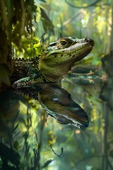Large Alligator Sitting on Top of Leaf-Covered Body of Water
