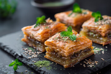 Middle Eastern sweets, baklava with pistachios on stone table background