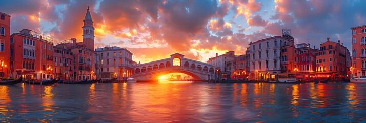 Rialto Bridge Across Grand Canal and Waterfront,
Ponte Rialto and gondola at sunset in Venice - obrazy, fototapety, plakaty