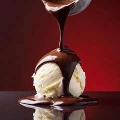 Chocolate melting while poured over vanilla ice cream scoop isolated on dark red background