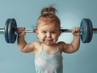 una bambina di circa un anno molto forte con piccoli codini, che solleva  un pesante bilanciere su uno sfondo azzurro chiaro, - obrazy, fototapety, plakaty