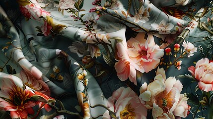 a floral masterpiece: Fabric and spring blooms intertwine in a captivating design, embodying the essence of seasonal renewal.  attractive look - obrazy, fototapety, plakaty