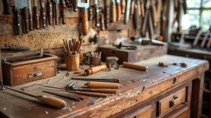 Artisan's workspace with a detailed view of shoemaker's tools on a vintage workbench