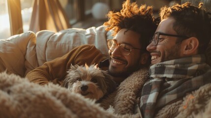 Gay couple enjoying a cozy moment with their dog in a minimalist home