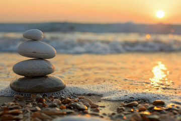 A stack of white rocks on a beach at sunset, stability, calmness, pyramid shape