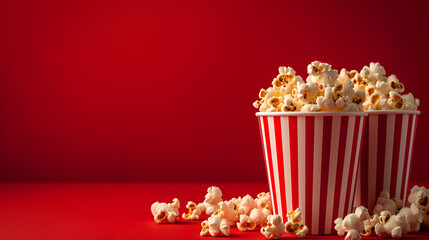 Set of red and white striped cups with popcorn on red background. copy space. generative ai 